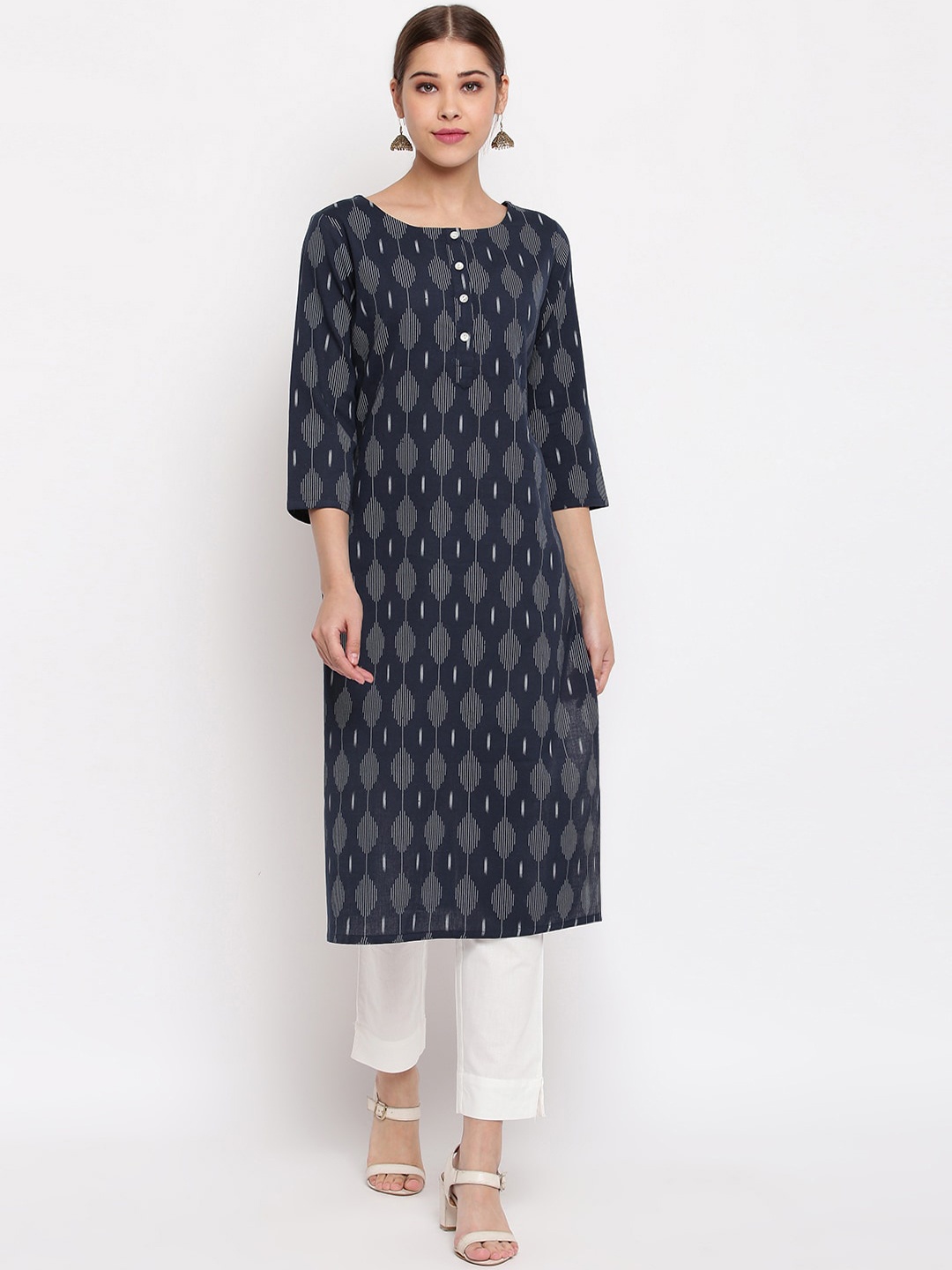 

Janasya Women Navy Blue & Grey Printed Straight Kurta