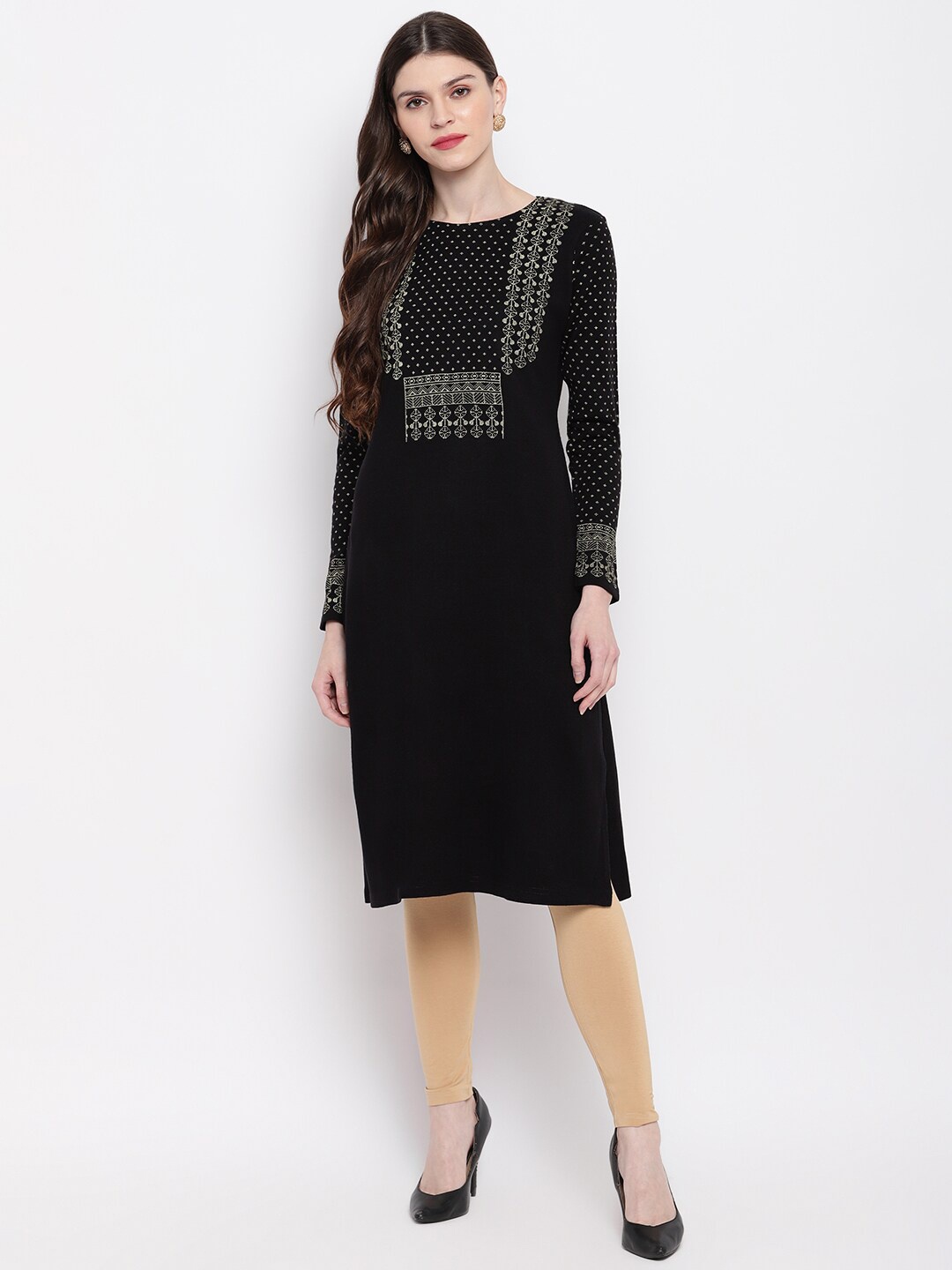 

Janasya Women Black & Cream-Coloured Yoke Design Straight Kurta