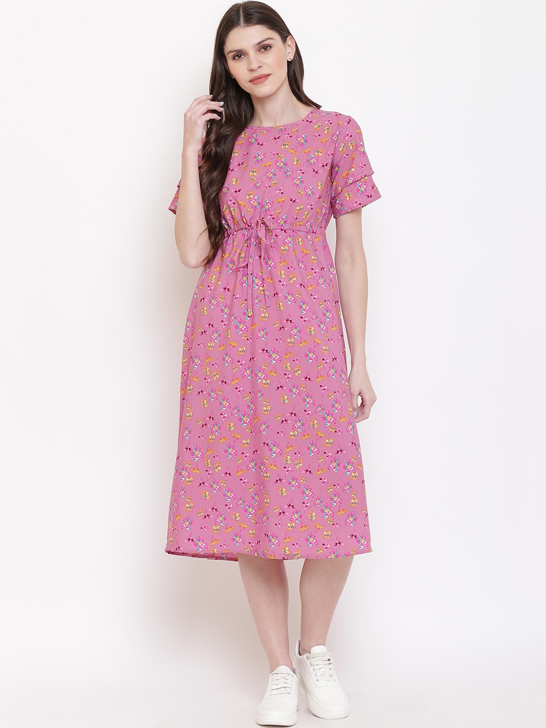 

Mayra Pink Floral Printed Fit and Flare Dress