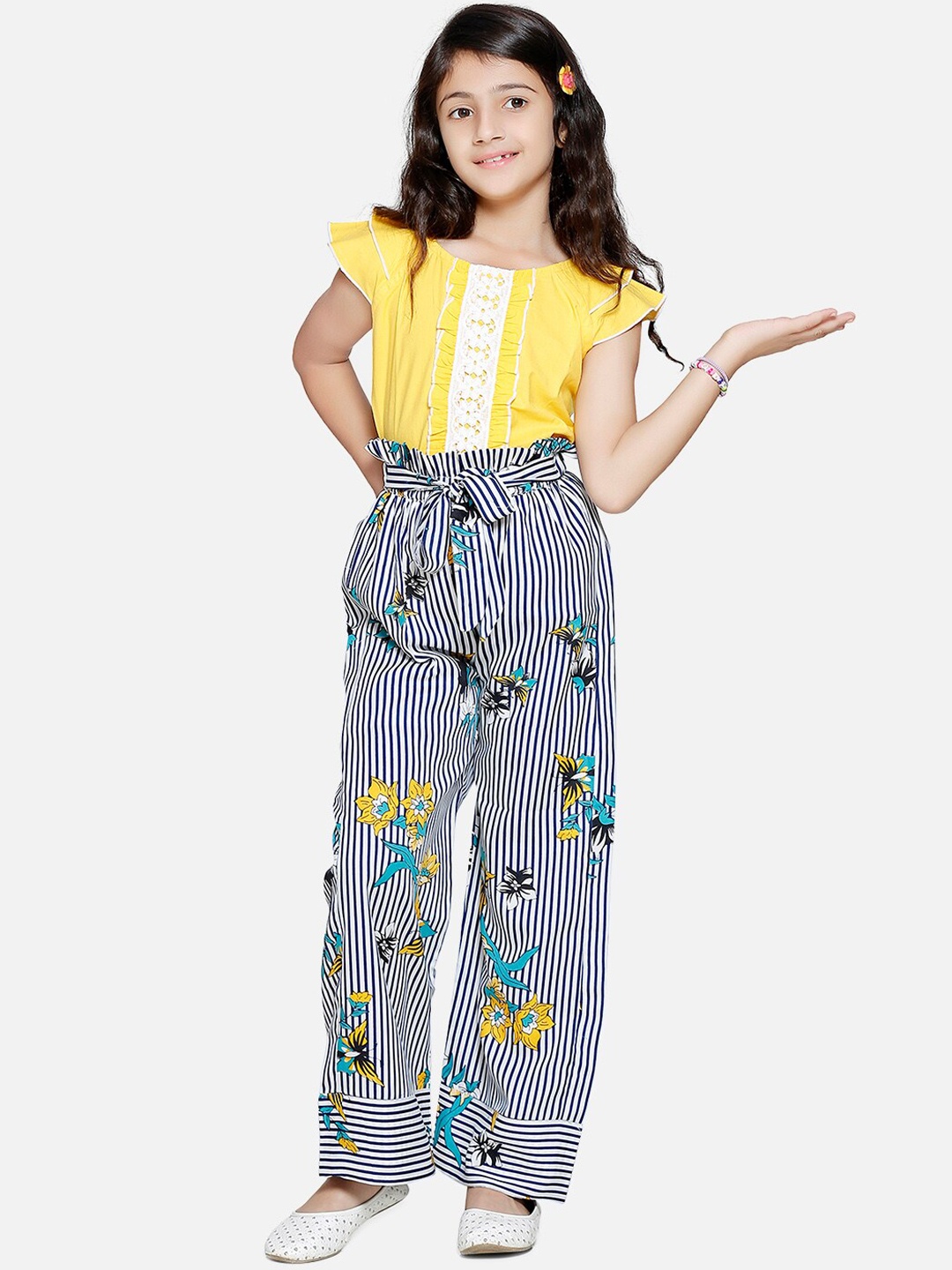 

Cutiekins Girls Yellow & Navy Blue Self Design Top with Palazzos