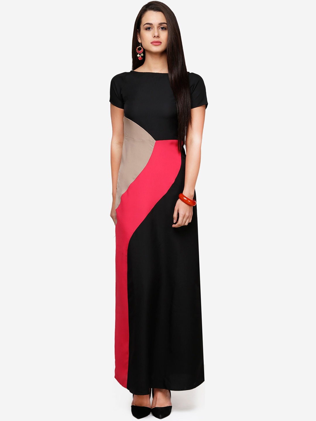 

V&M Women Black & Pink Colourblocked Maxi Dress