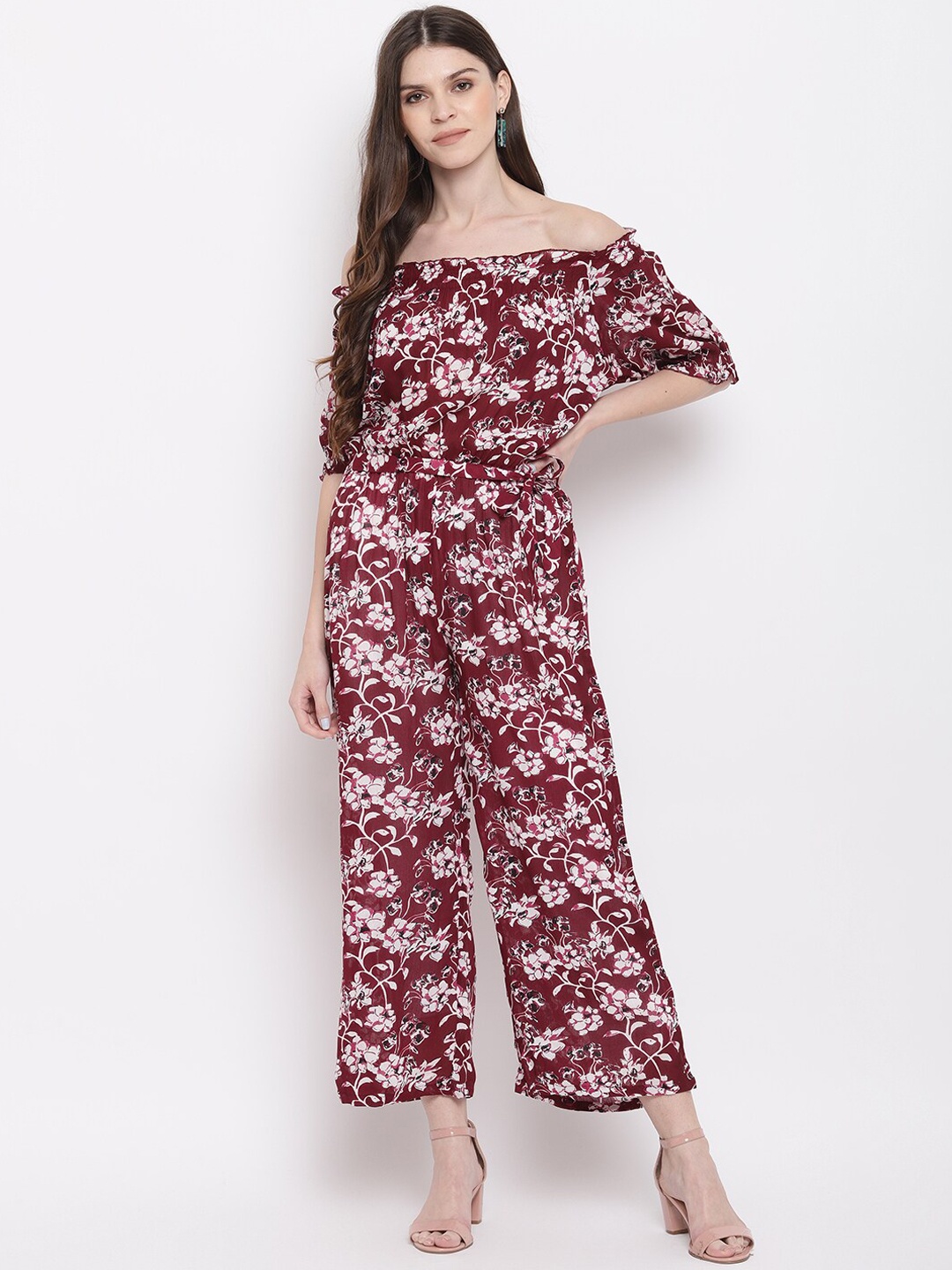 Mayra Women Maroon & White Printed Basic Jumpsuit