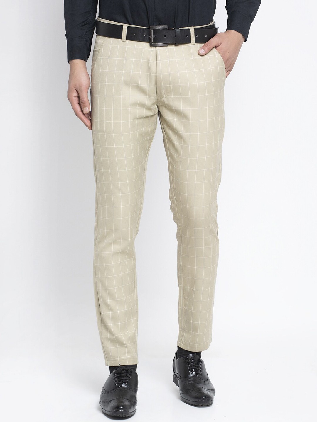 

JAINISH Men Cream-Coloured Slim Fit Checked Formal Trousers