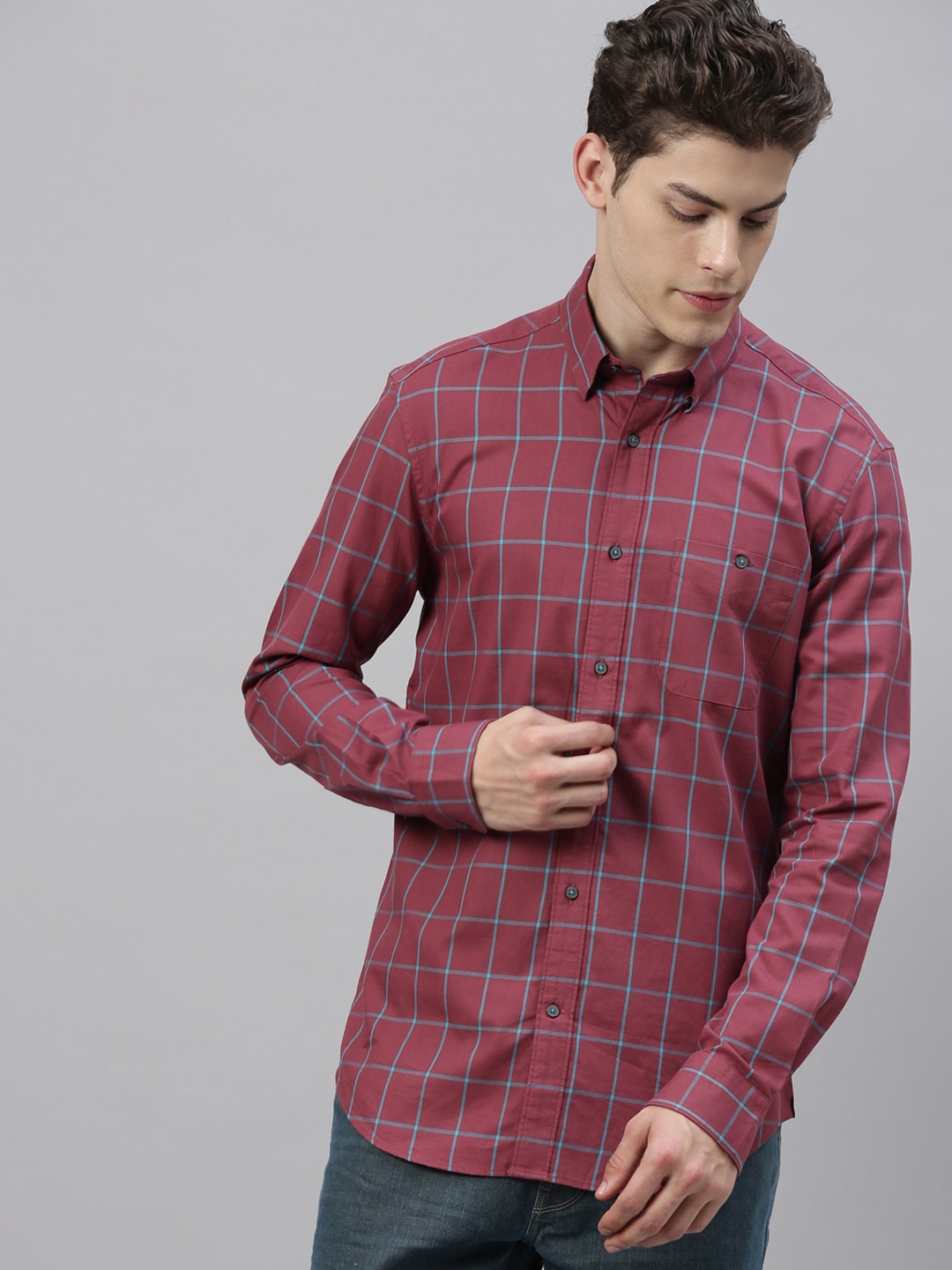

RARE RABBIT Men Maroon & Blue Tailored Fit Checked Casual Shirt