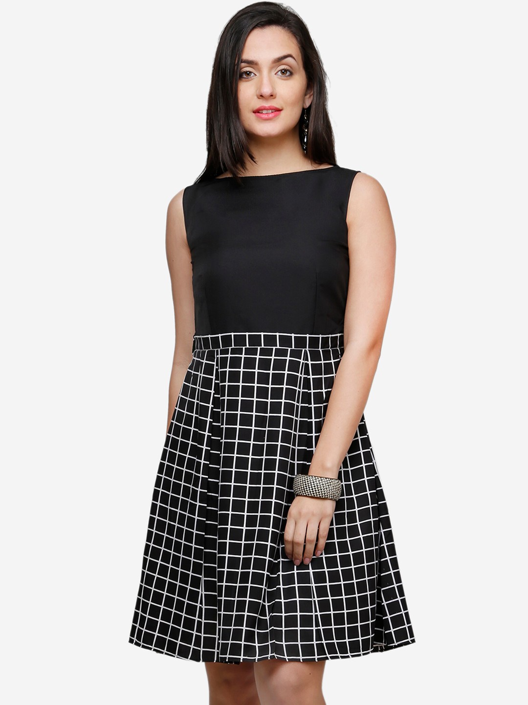 

V&M Women Black & Off-White Checked Fit and Flare Dress