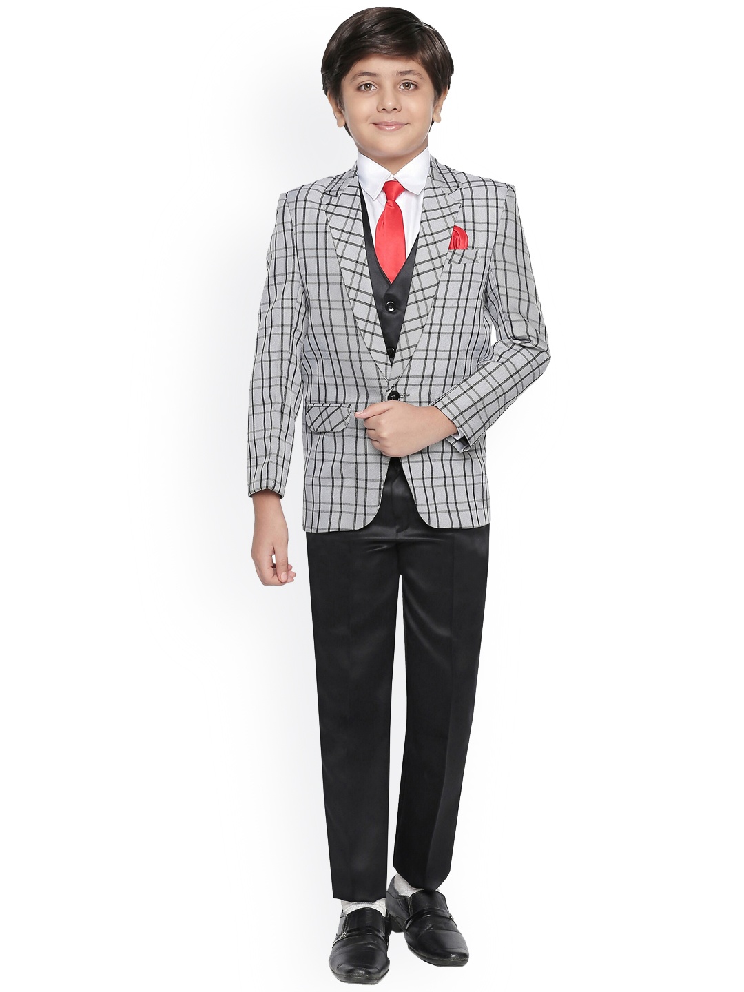 

Jeetethnics Boys Grey & Black Checked Suit Set