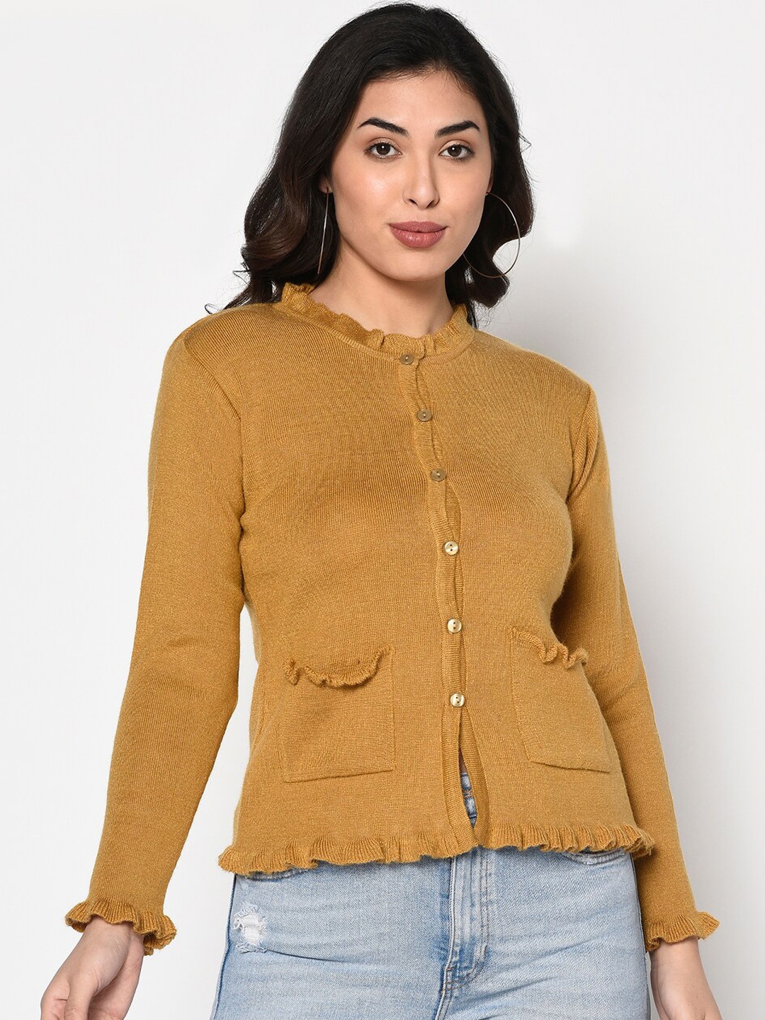 

FABNEST Women Mustard Yellow Solid Cardigan Sweater