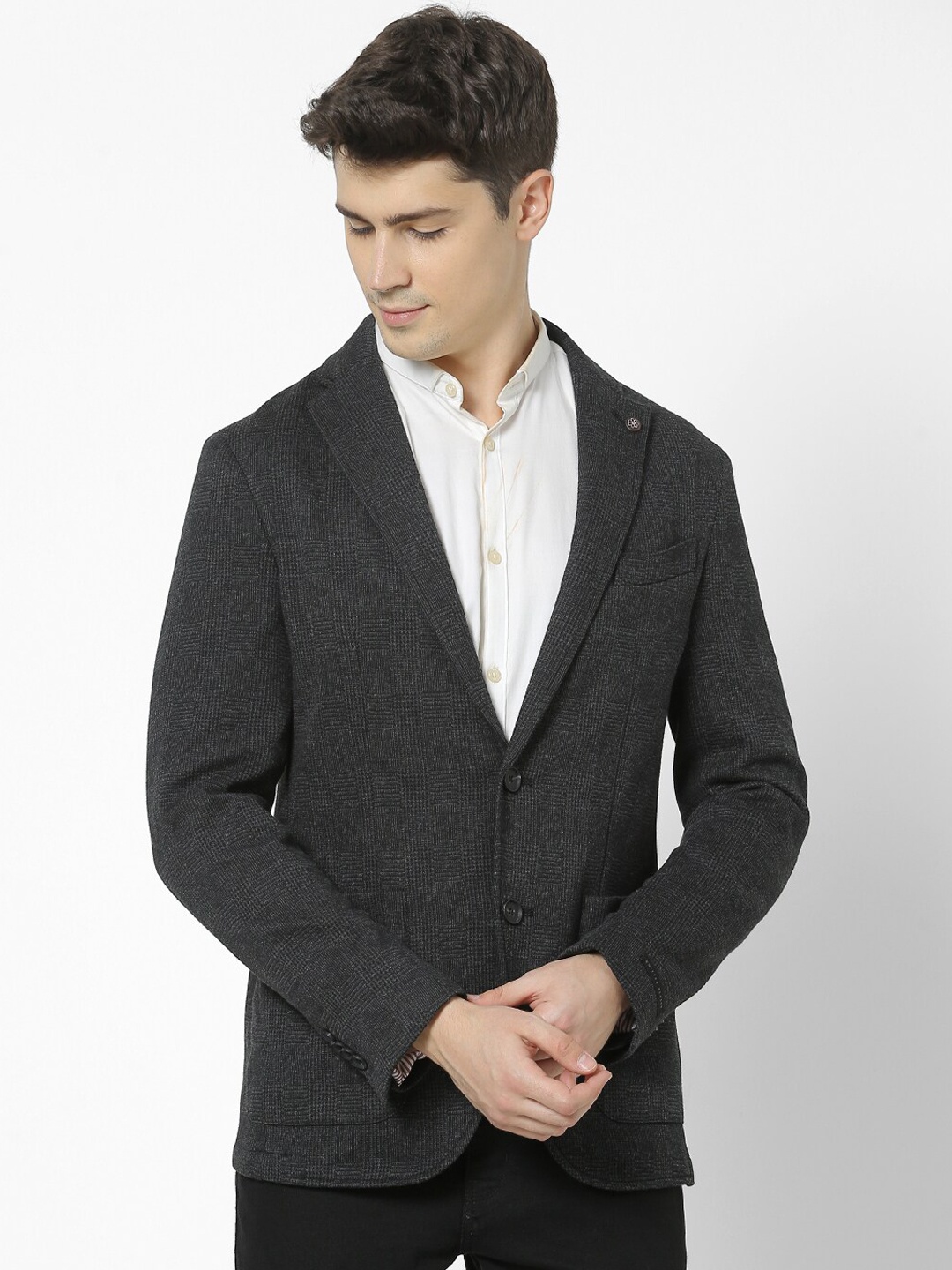 Celio Men Grey Self-Design Single-Breasted Casual Blazer