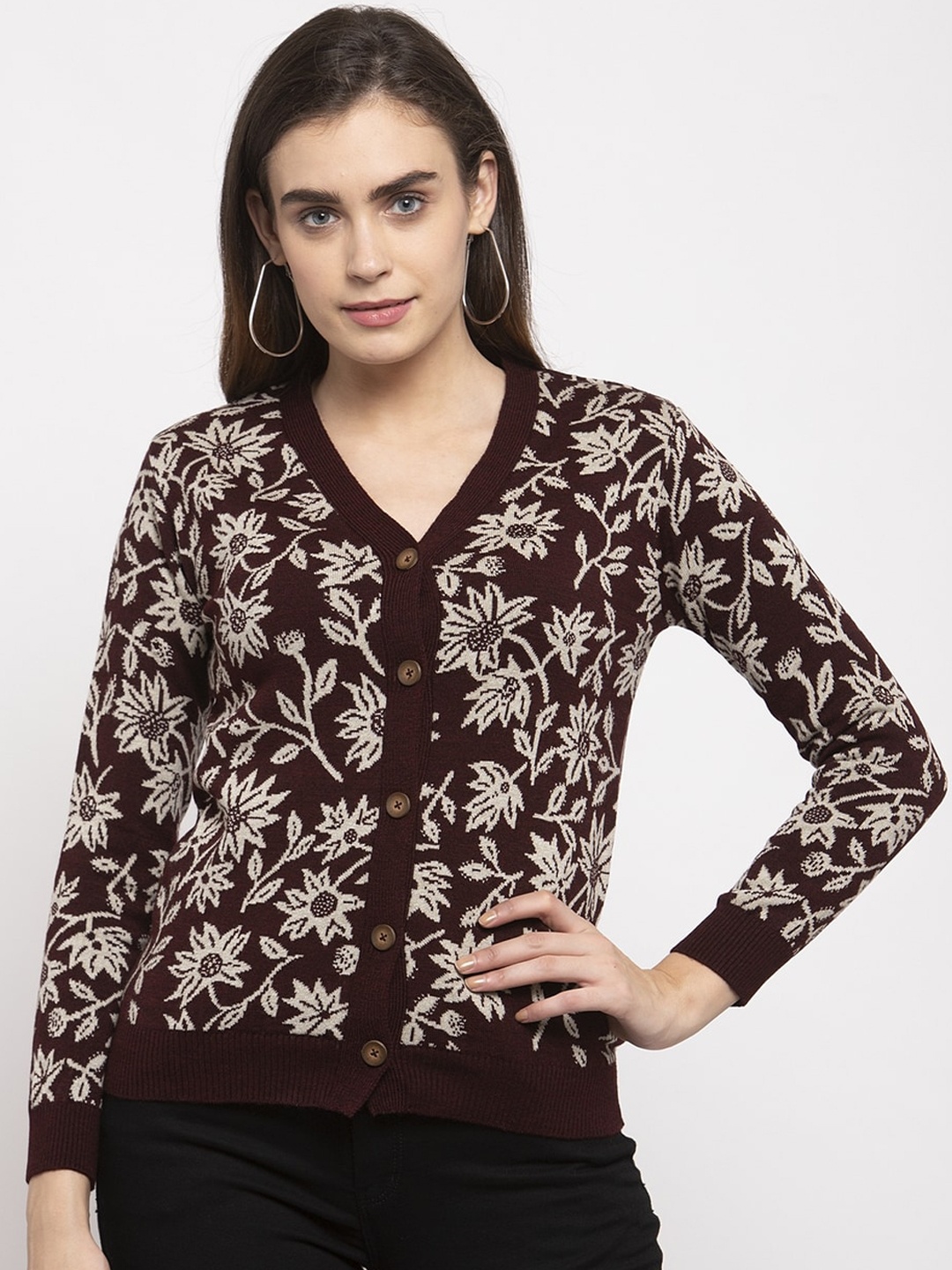 

Kalt Women Maroon Printed Cardigan Sweater