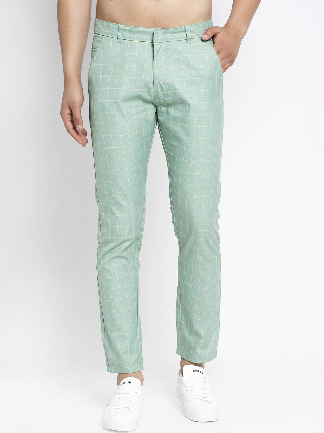

JAINISH Men Sea Green & Off-White Smart Slim Fit Checked Regular Trousers