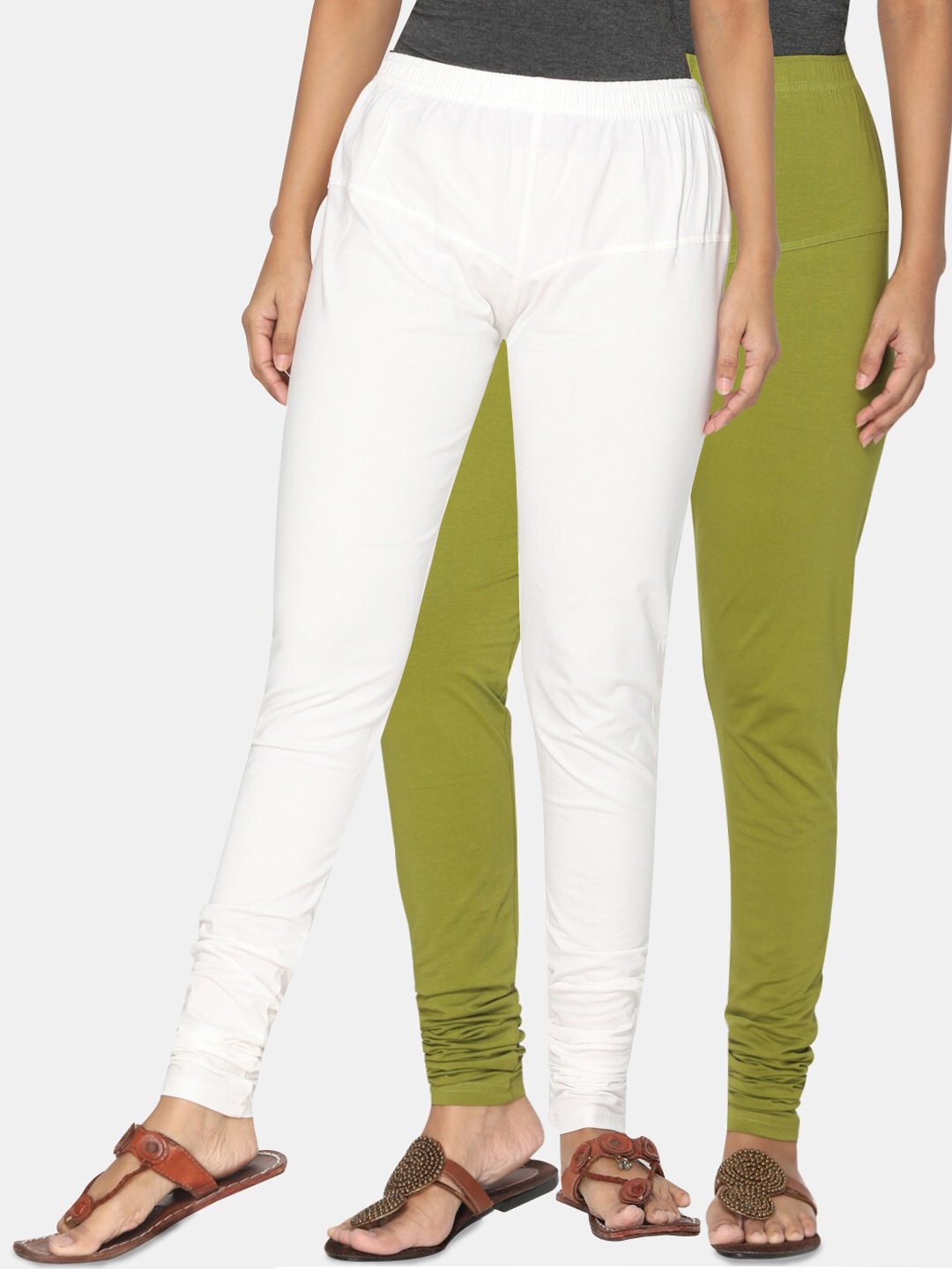 

TSG Bliss Women Pack Of 2 Off-White & Olive Green Solid Churidar-Length Leggings