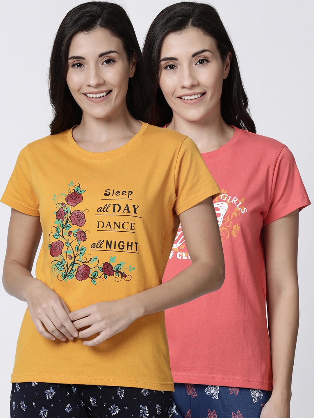 Kryptic Women Pack of 2 Printed Lounge T-shirts, Coral