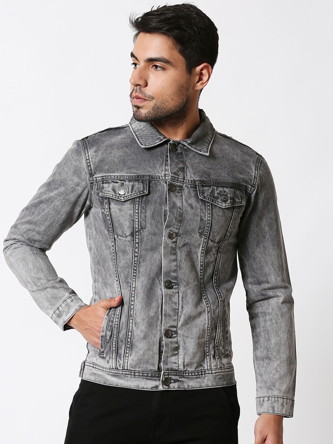 

High Star Men Grey Checked Denim Jacket