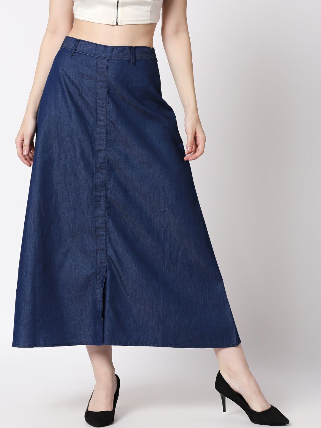 

High Star Women Blue Solid Denim Midi Skirt