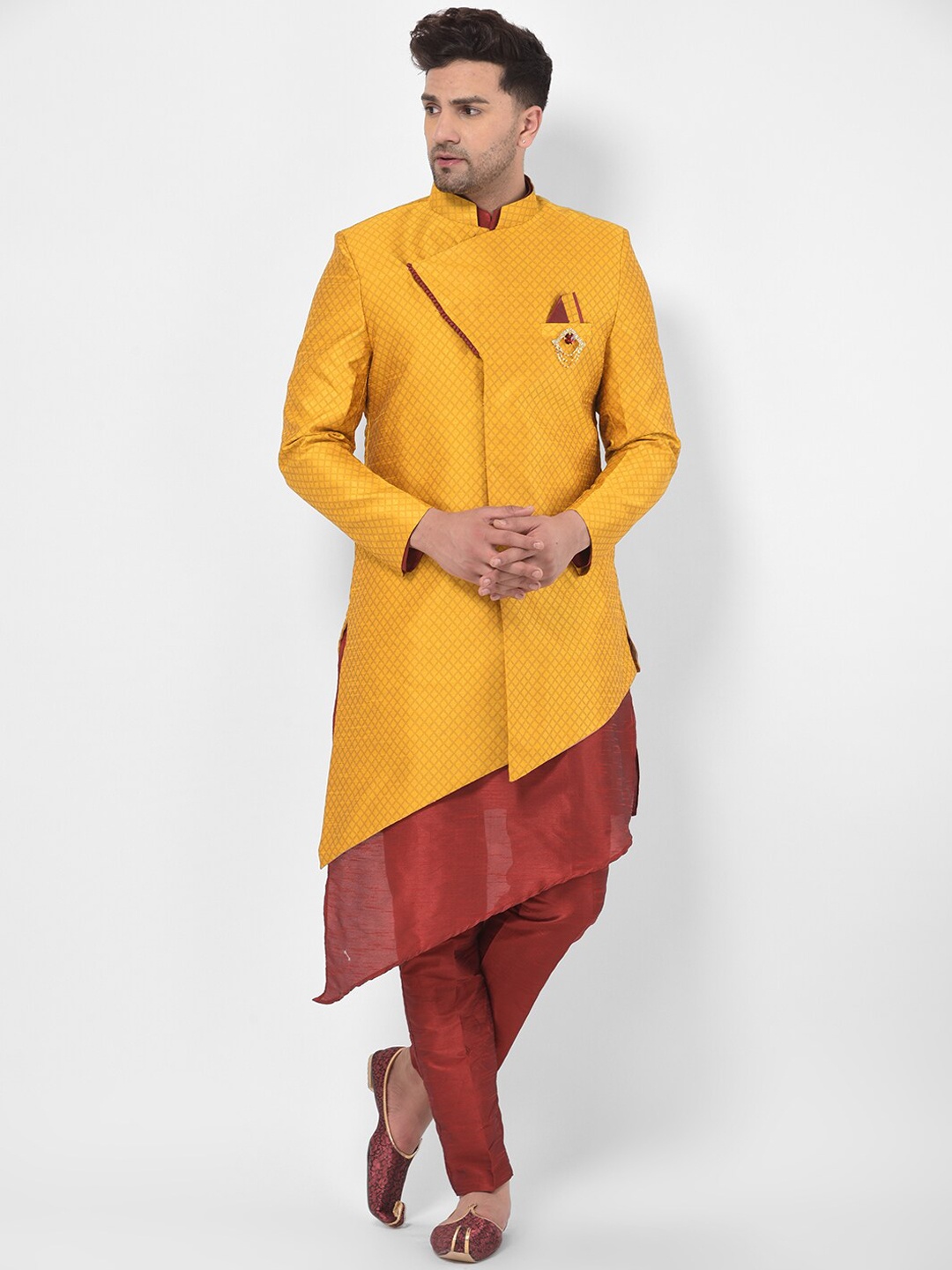 SG RAJASAHAB Men Yellow & Maroon Sherwani Set With Anchkan