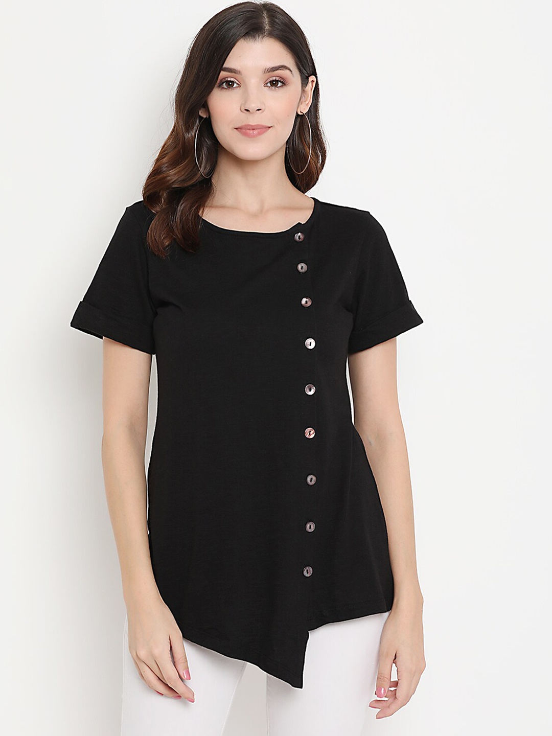 

THREAD MUSTER Women Black Solid Pure Cotton Top