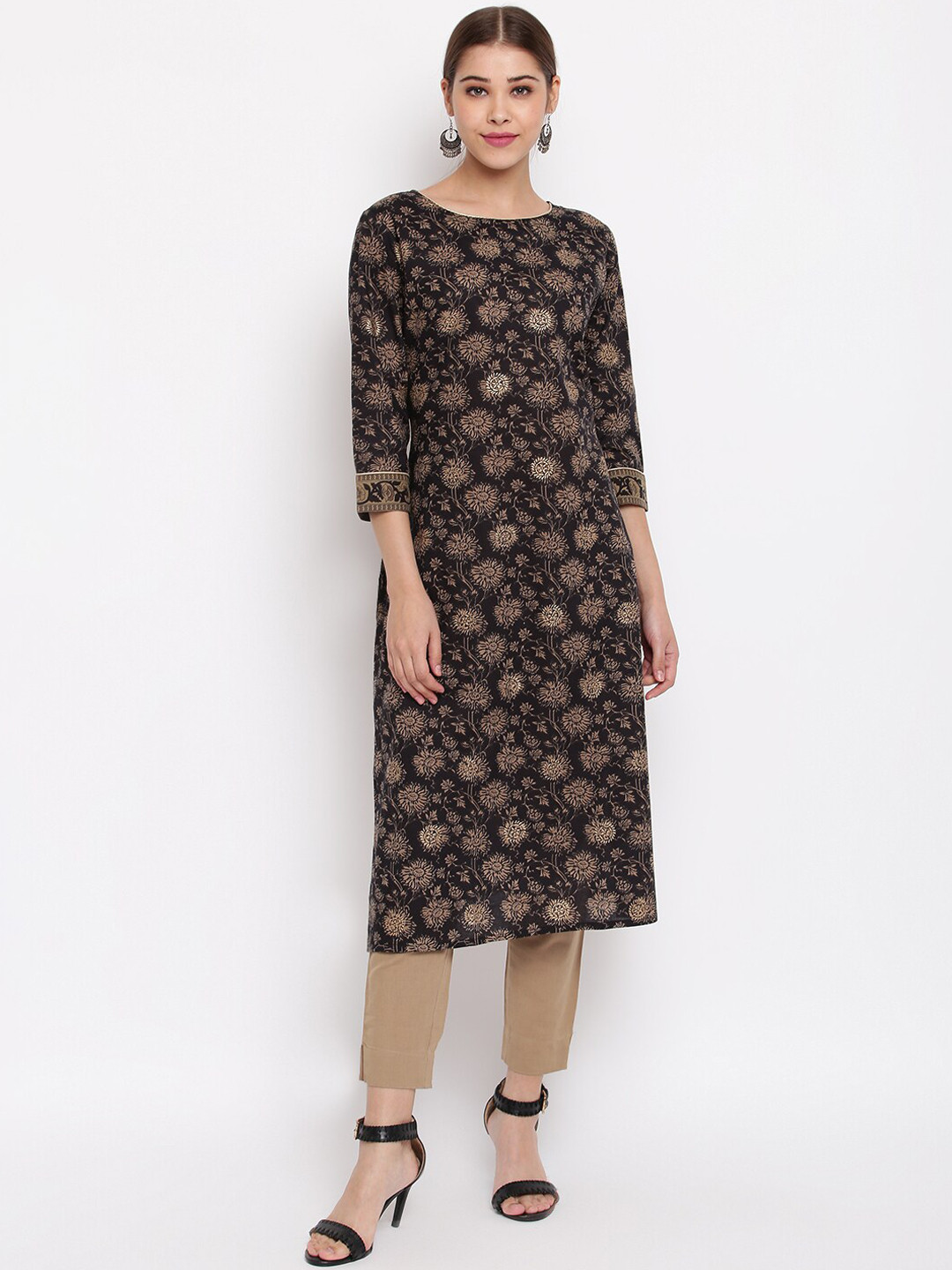 

Janasya Women Brown & Beige Printed A-Line Kurta