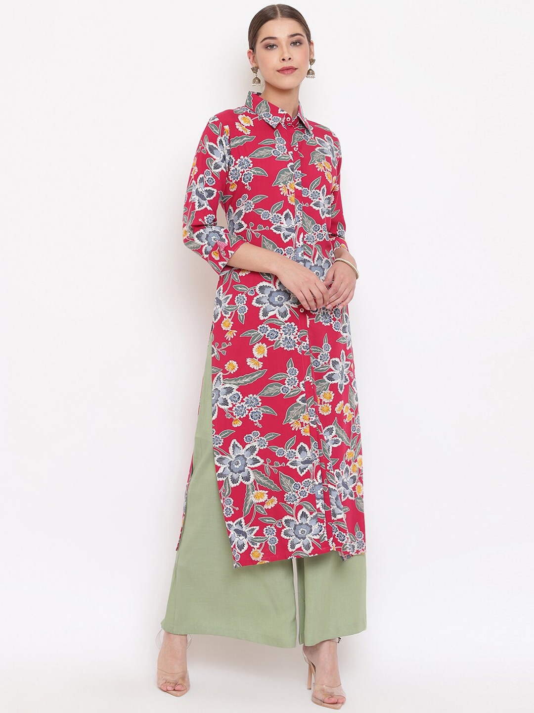 

Janasya Women Pink & White Printed Straight Kurta