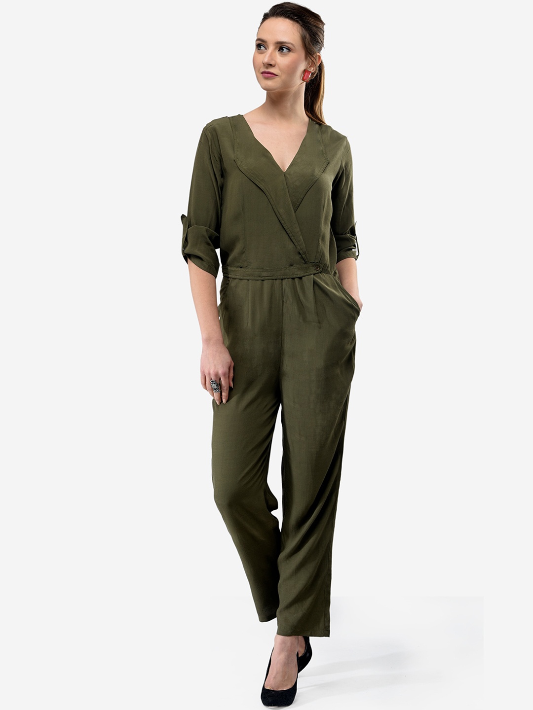 

V&M Women Olive Green Solid Basic Jumpsuit