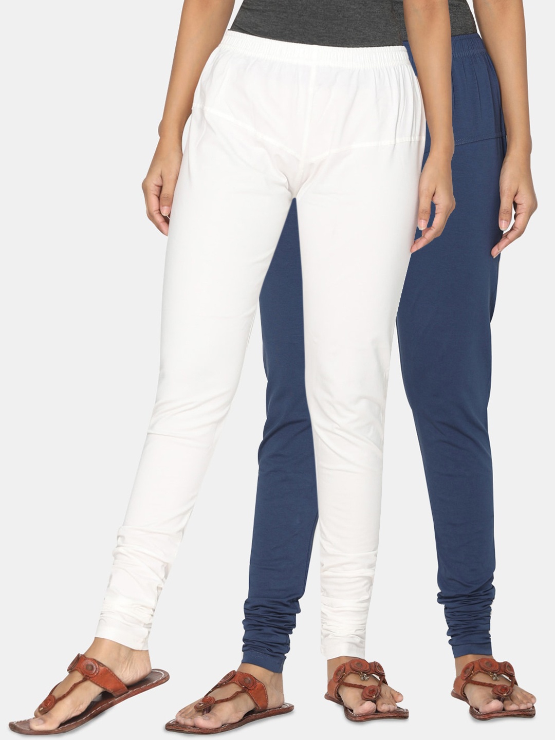 

TSG Bliss Women Pack Of 2 Off-White & Blue Solid Churidar-Length Leggings