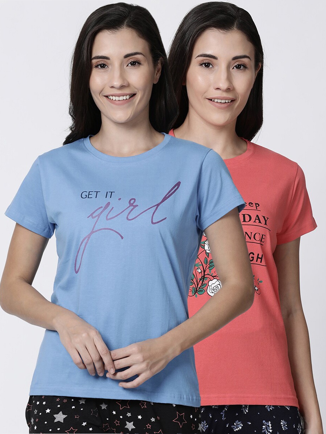 Kryptic Women Pack of 2 Printed Lounge T-Shirts, Blue