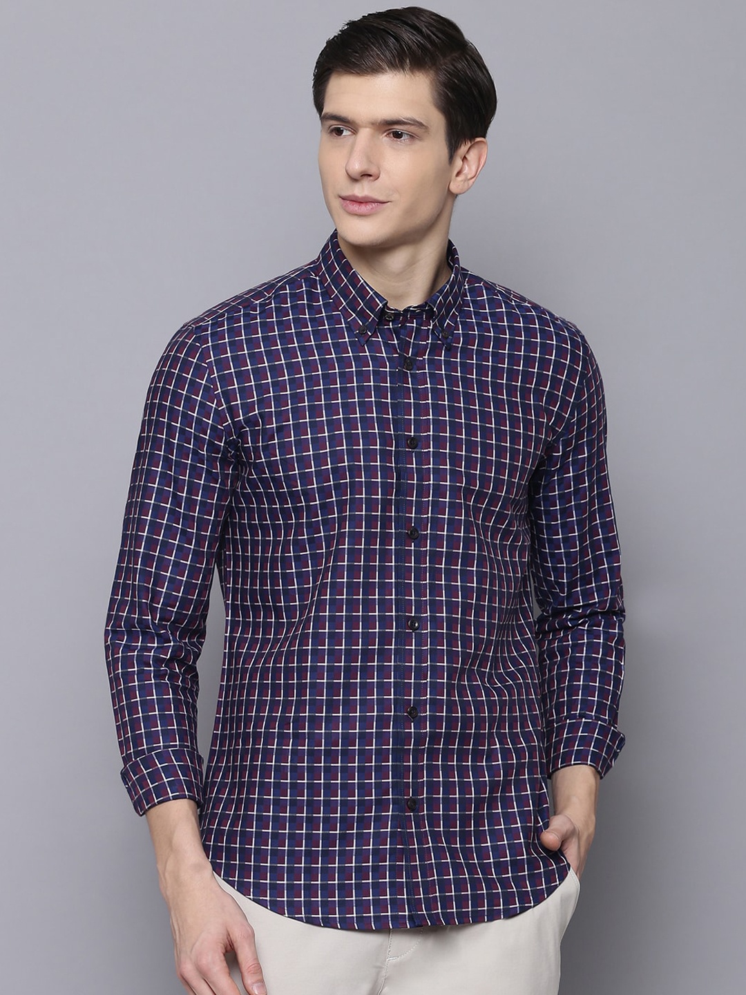 

BEN SHERMAN Men Blue & Purple Slim Fit Checked Casual Shirt