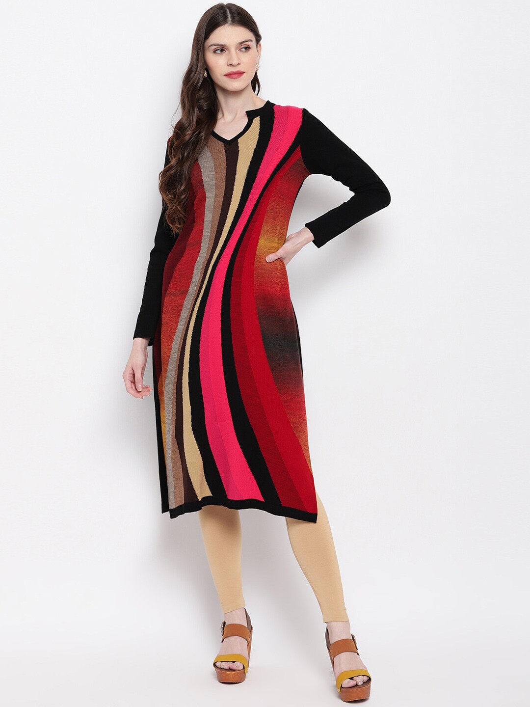 

Janasya Women Acrylic Multicoloured Striped Straight Kurta, Multi