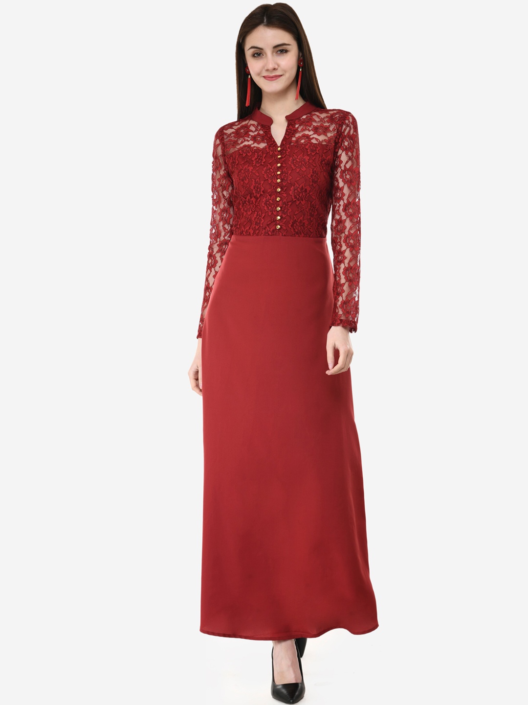

V&M Women Maroon Self Design Lace Trimmed Maxi Dress