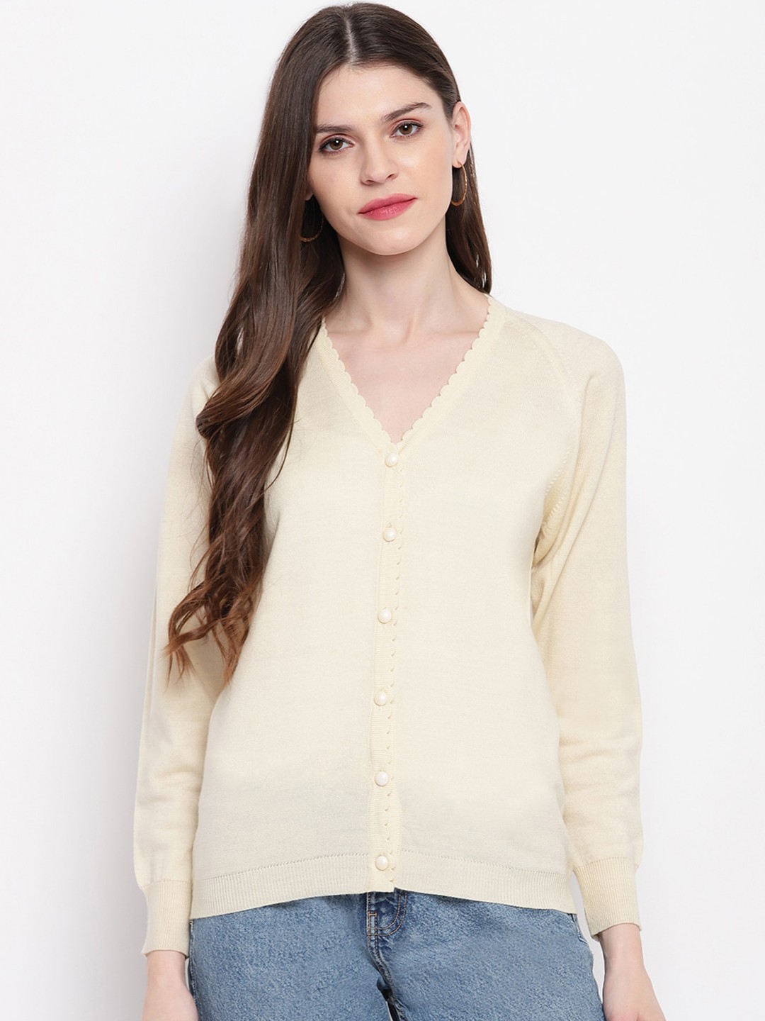 

Janasya Women Off-White Solid Acrylic Cardigan Sweater