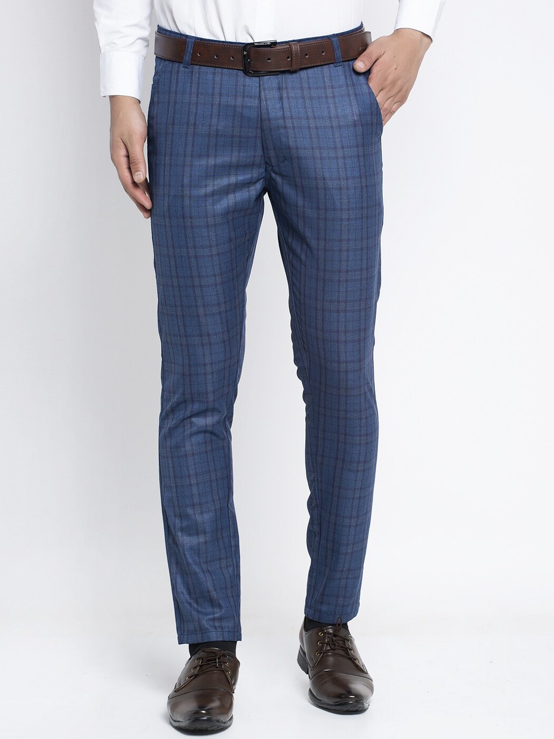 

JAINISH Men Navy Blue Slim Fit Checked Formal Trousers