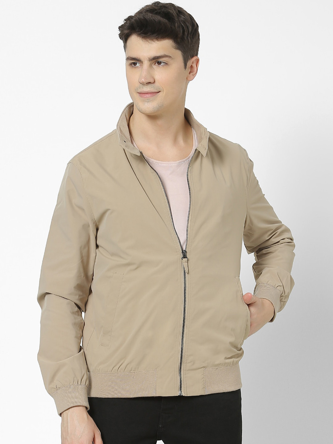 

Celio Men Beige Solid Bomber Jacket