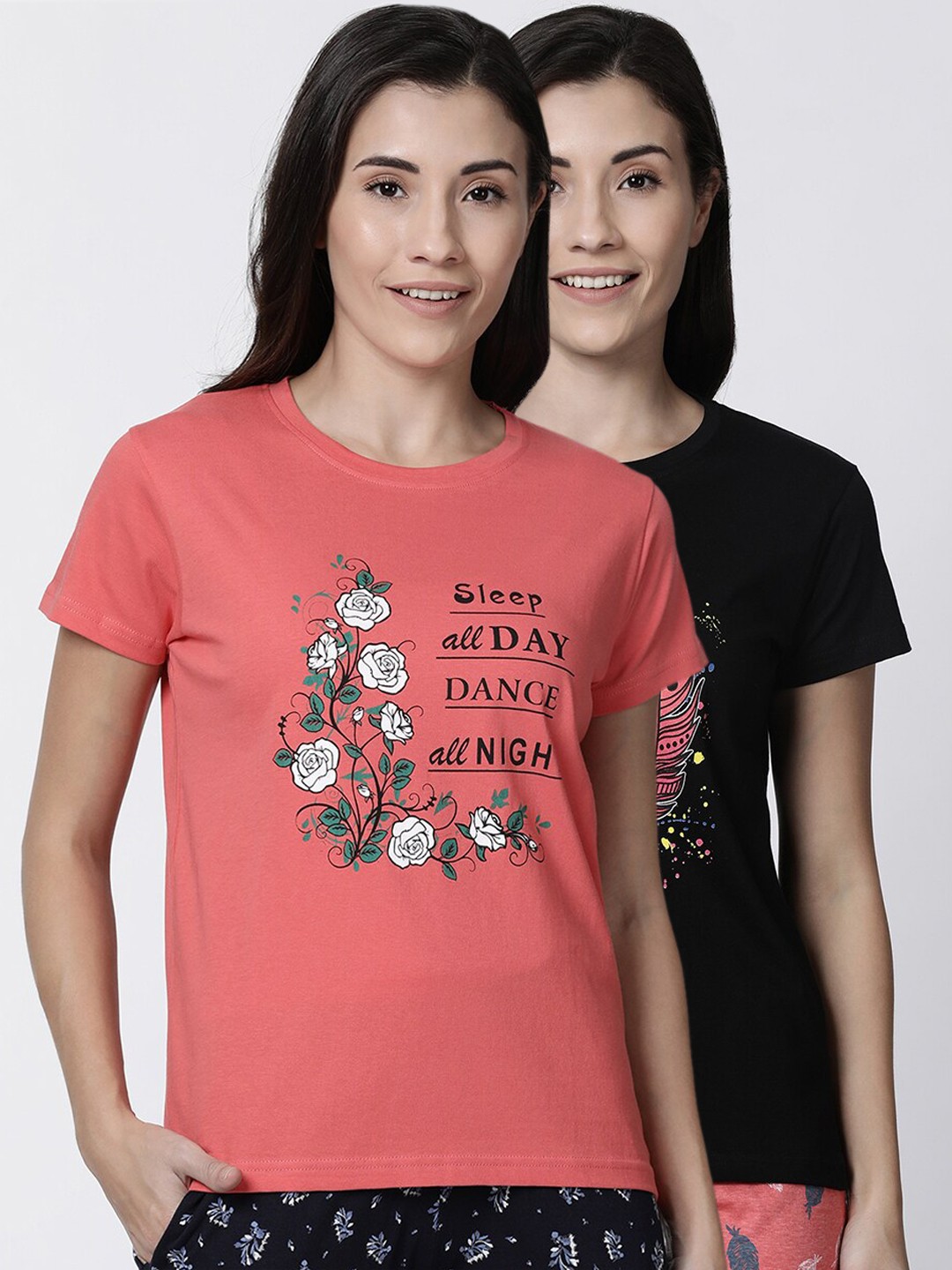 Kryptic Women Pack of 2 Printed Lounge T-Shirts, Black