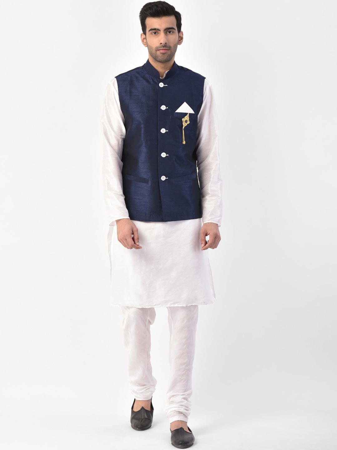 

SG LEMAN Men White & Navy Blue Solid Kurta with Churidar & Jacket