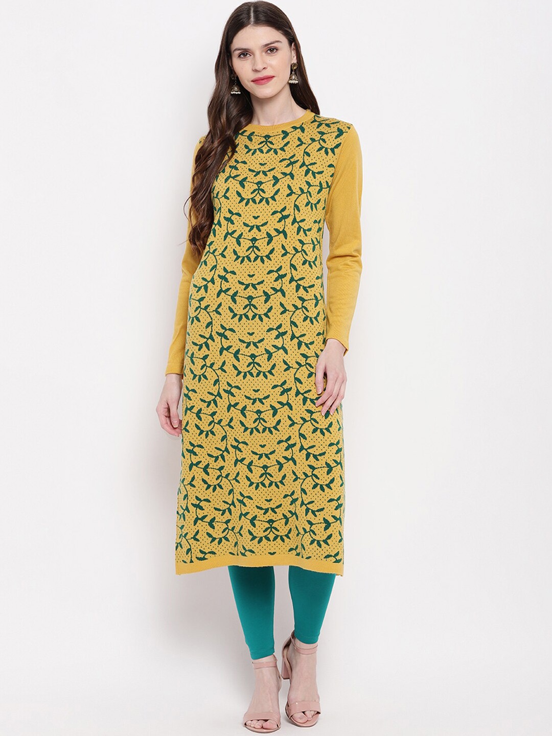 

Janasya Women Yellow & Green Printed Straight Woollen Winter Kurta