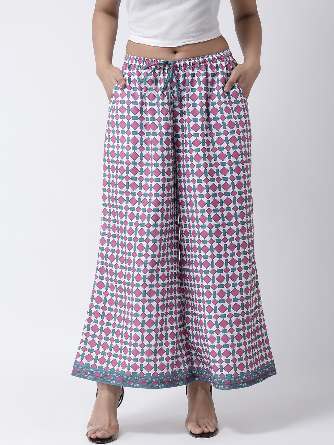 

Hangup Women White & Pink Checked Straight Palazzos, Multi