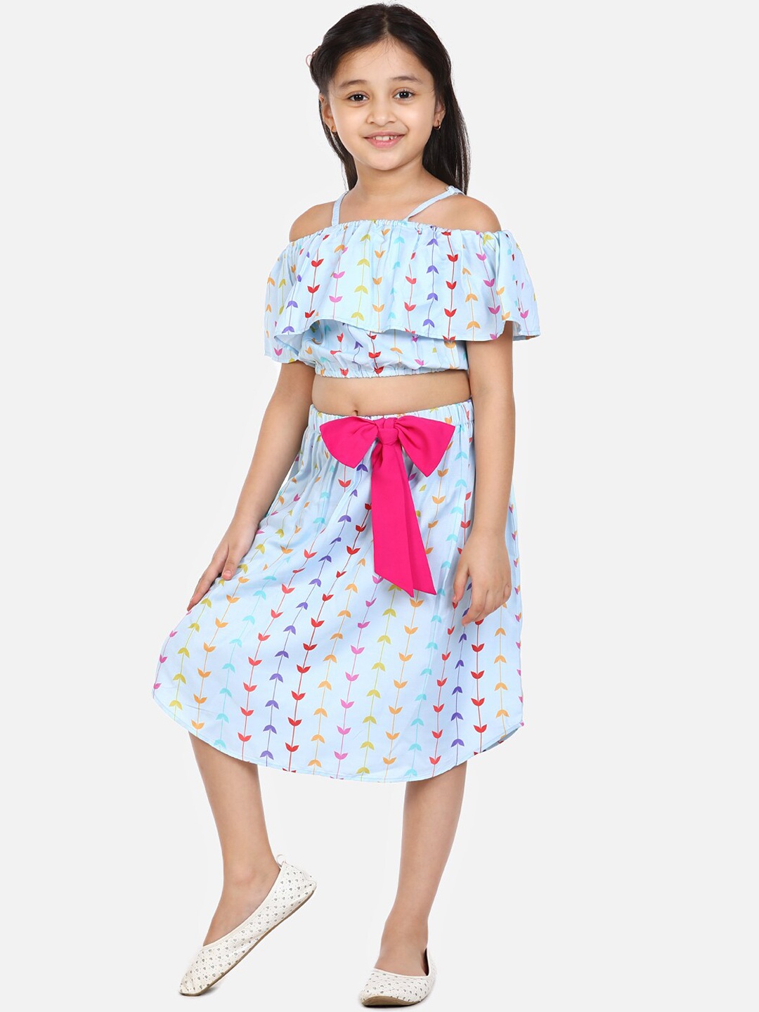 

LilPicks Girls Blue Printed Top with Skirt