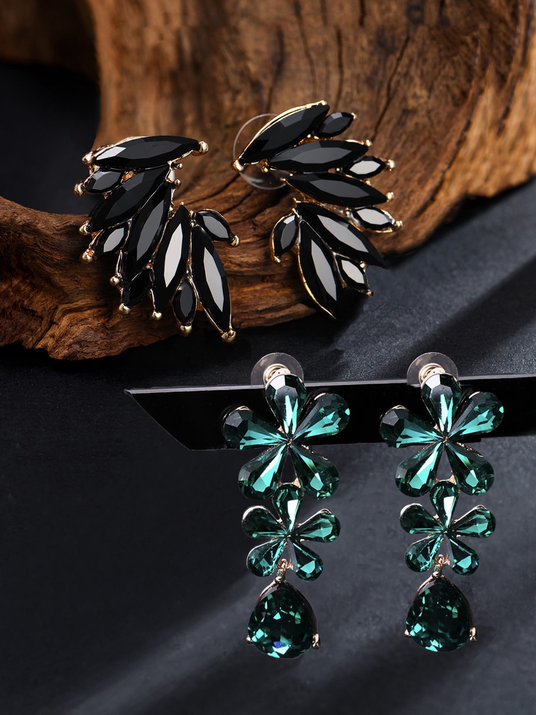 

Yellow Chimes Woman Black & Green Contemporary Crystal Drop & Stud Earrings