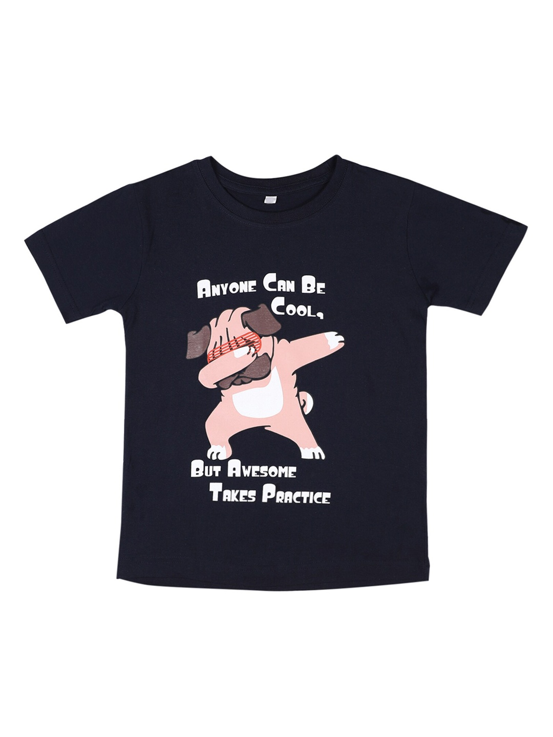 

OBOW Boys Navy Blue Pink Printed Round Neck Pure Cotton T-shirt