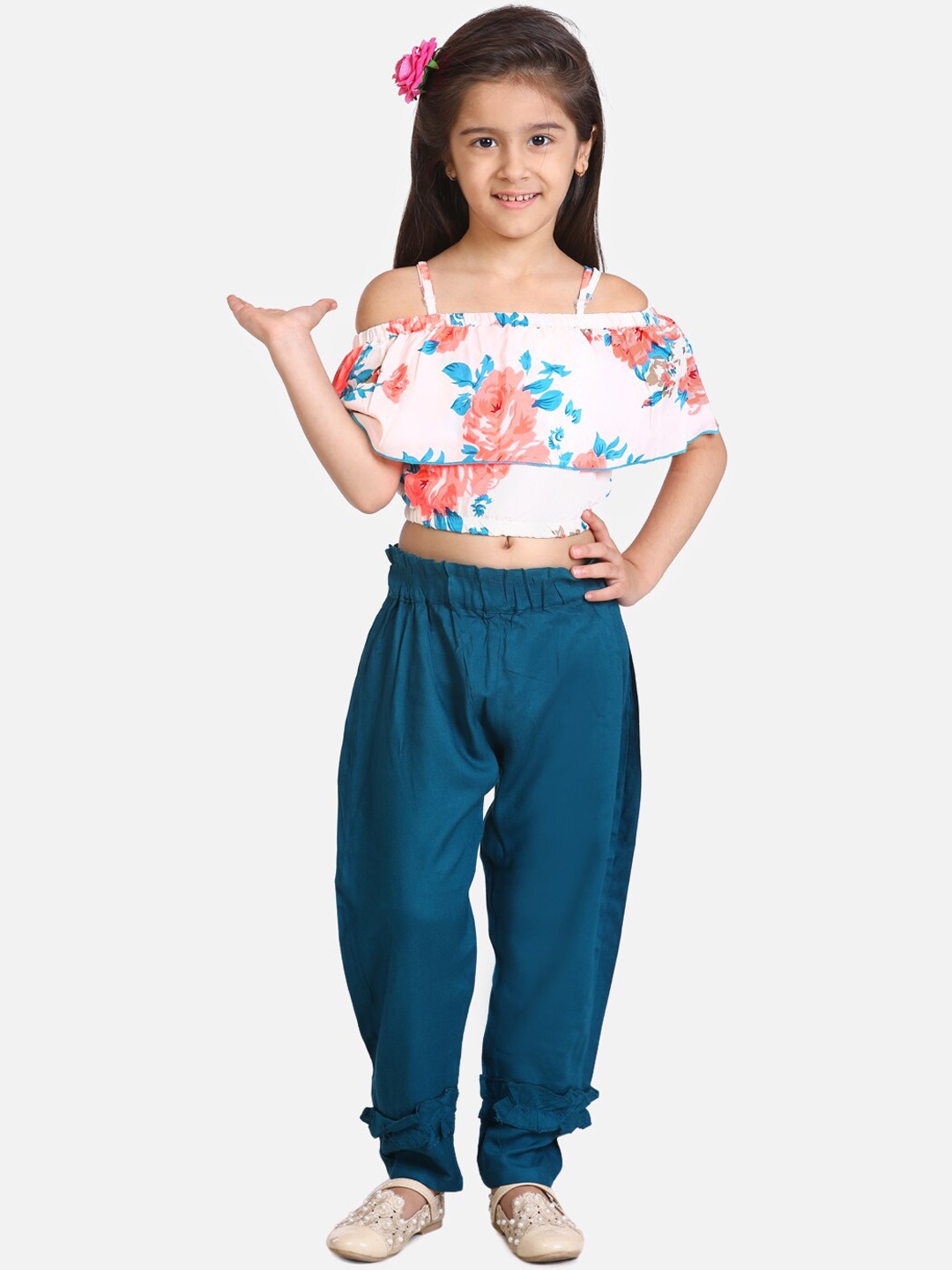 

Cutiekins Girls White & Teal Blue Printed Top with Trousers