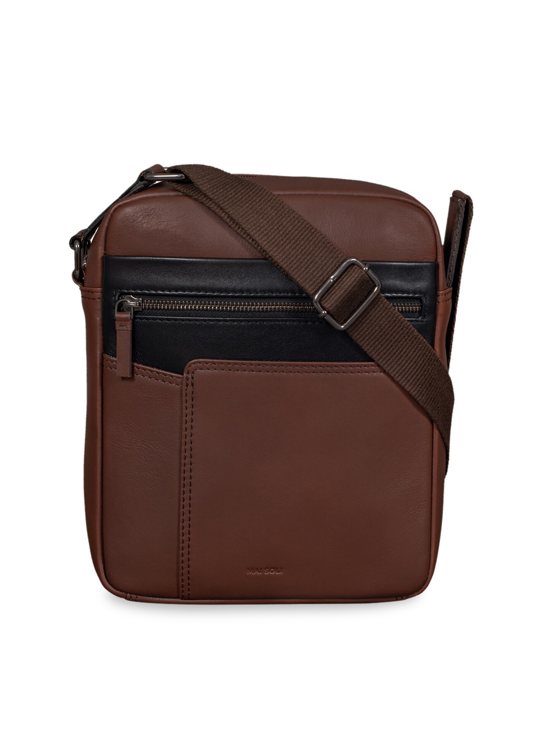 

MAI SOLI Men Brown & Black Solid Leather Messenger Bag
