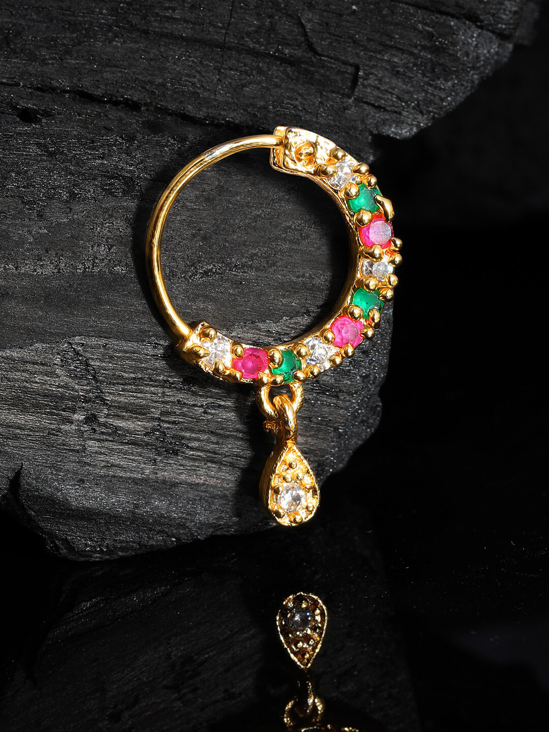 

Rubans Gold-Plated Red & Green Stone Studded Nose Pin