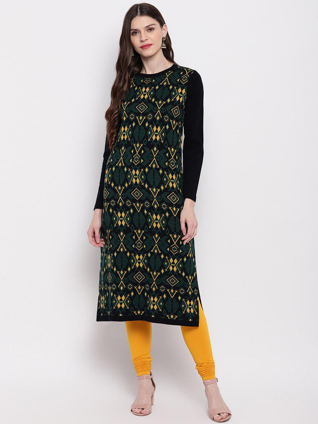 

Janasya Women Black & Green Printed Straight Kurta