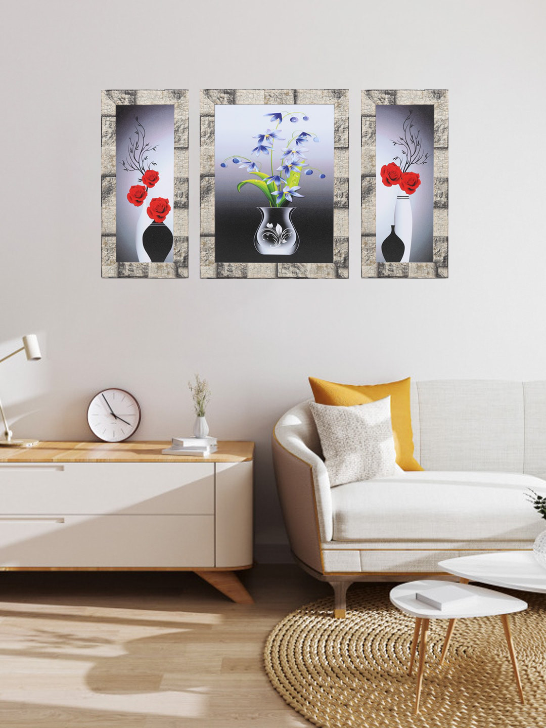 

Indianara Set Of 3 Blue & Red Framed Floral Paintings