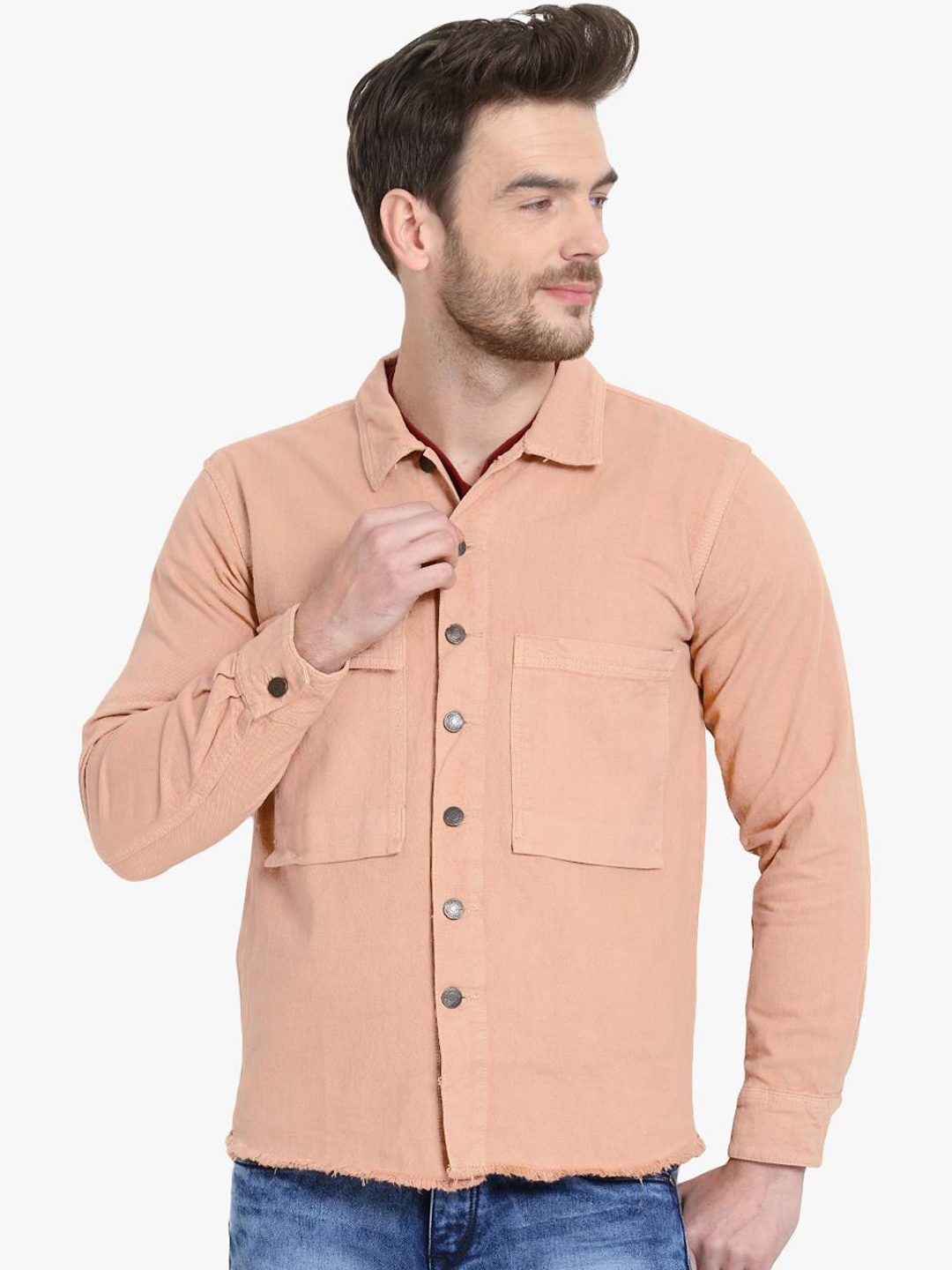 

Kotty Men Peach-Coloured Solid Denim Jacket