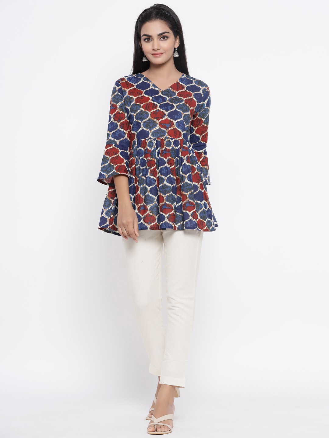 

Fabriko Women Off-White & Blue Printed Top with Trousers