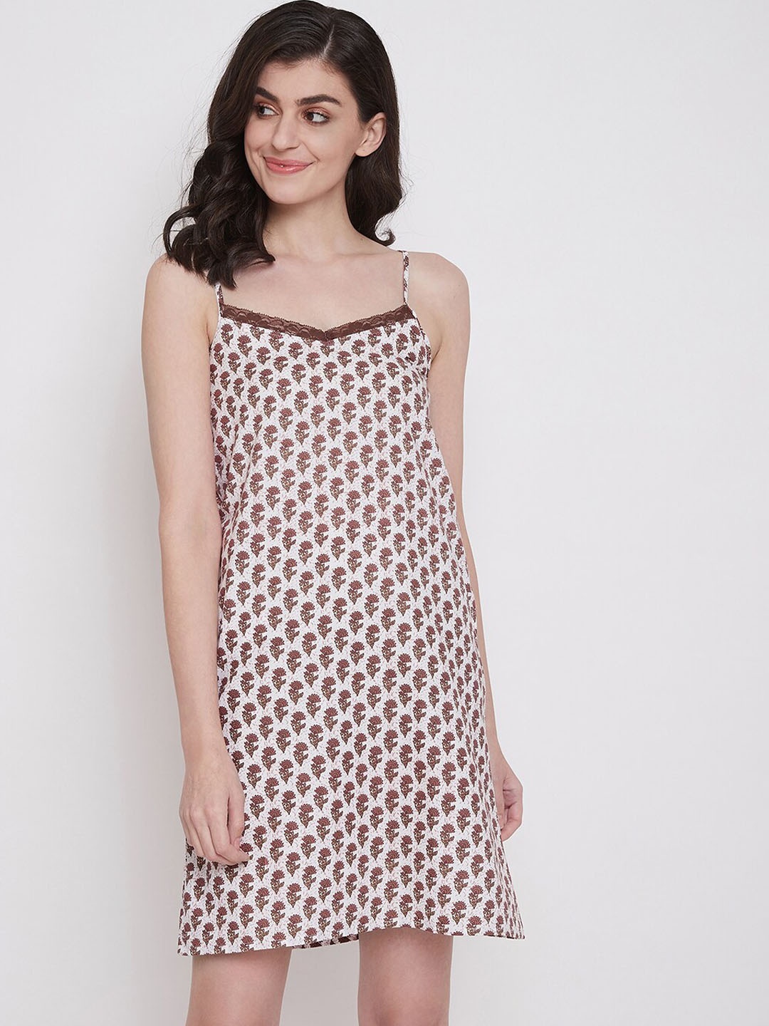 Clovia Brown & White Printed Nightdress
