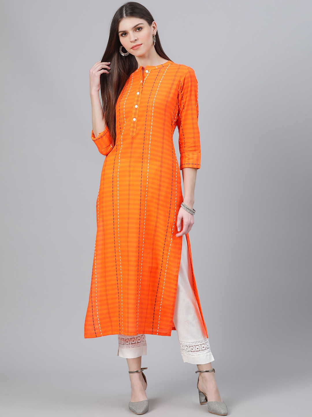 

Libas Women Orange Striped Straight Kurta