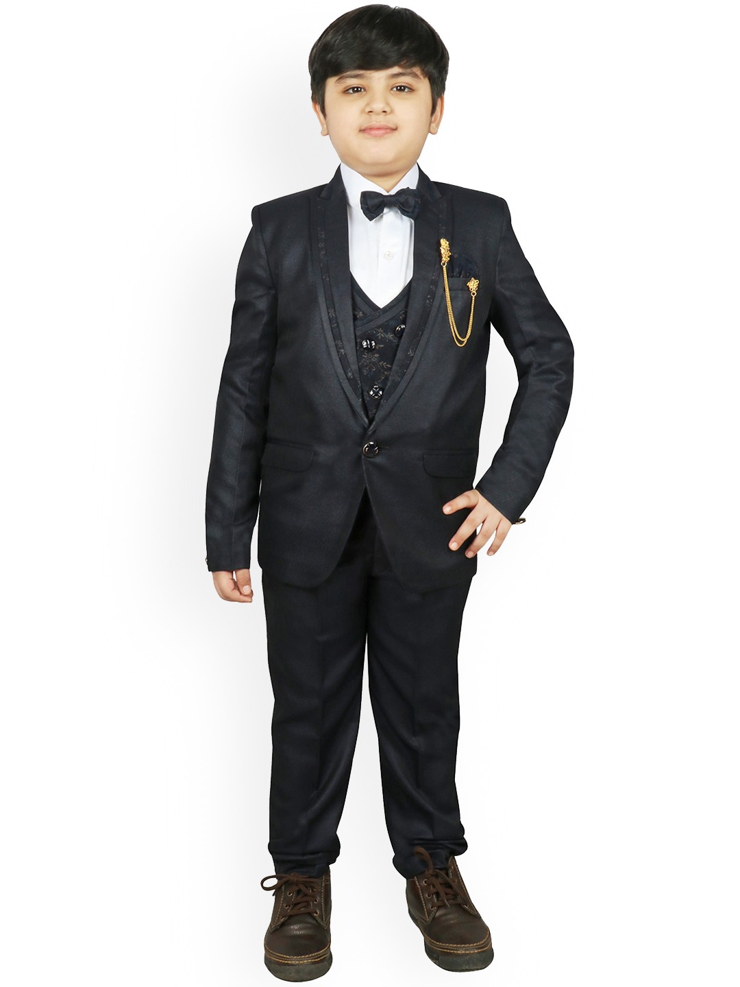 

SG YUVRAJ Boys Navy Blue Solid Single-Breasted Party Suit