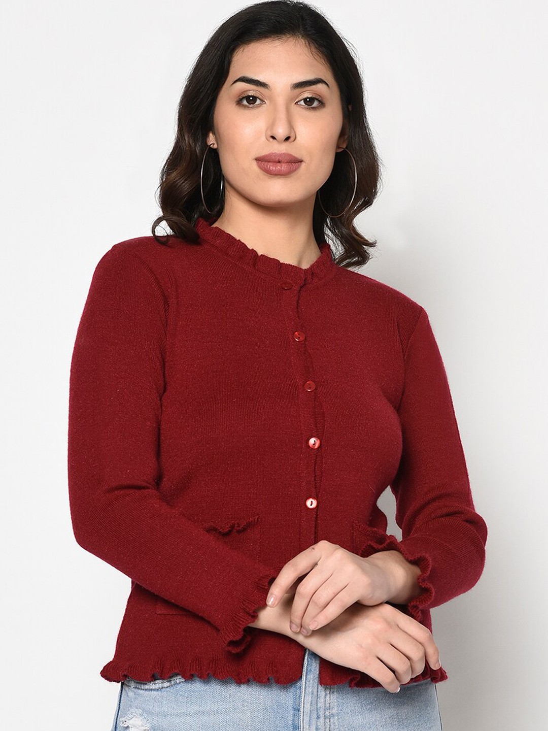 

FABNEST Women Maroon Solid Cardigan Sweater