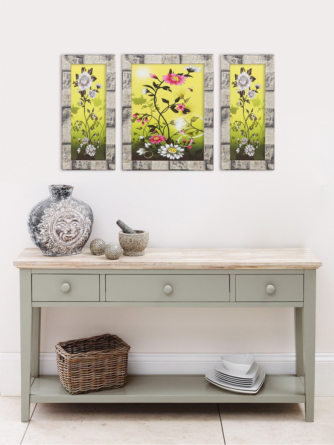 

Indianara Set Of 3 Yellow & White Printed Floral Wall Paintings